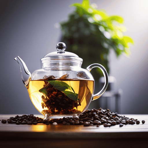 An image that showcases a steaming herbal tea infusion swirling in a transparent glass teapot, as vibrant coffee beans gracefully cascade into it, infusing the tea with a rich, earthy aroma and a stimulating boost