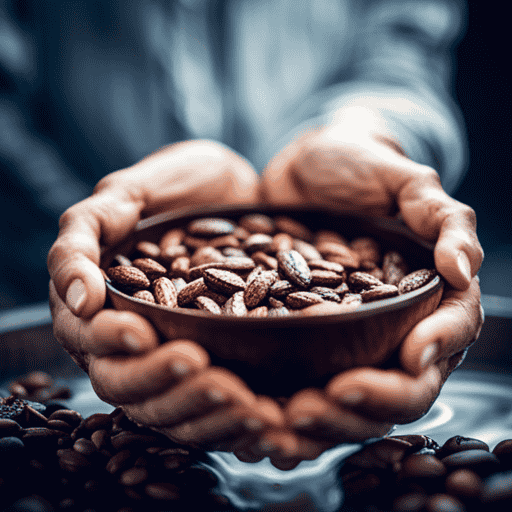 An image of a pair of hands holding a wooden bowl filled with raw cacao beans