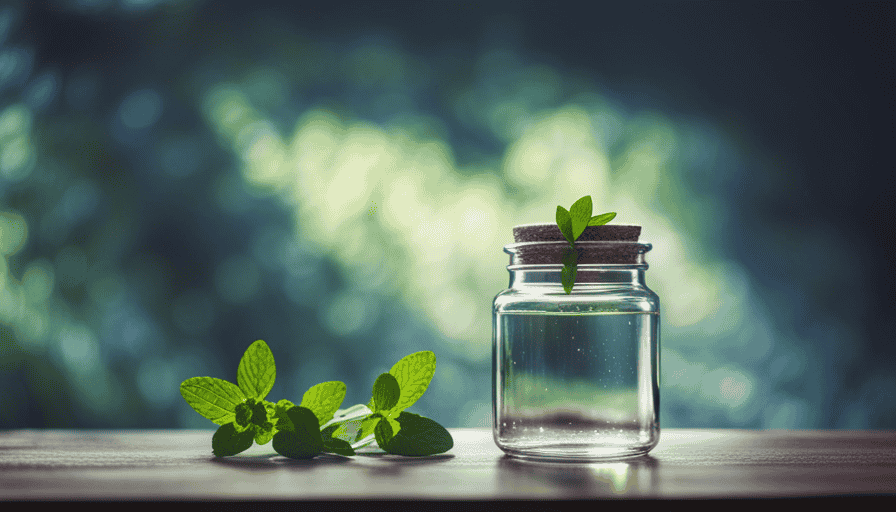 An image showcasing a glass jar filled with fresh herbs and water, gently steeping in sunlight, while condensation forms on the outside