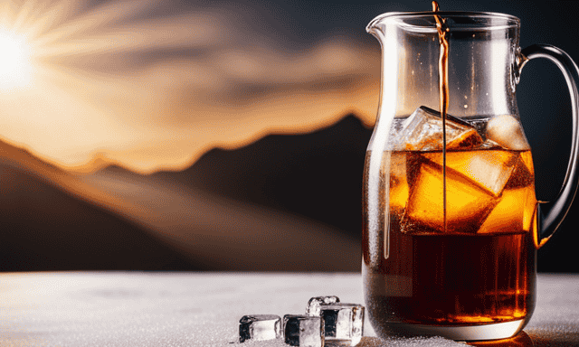 An image showcasing a glass pitcher filled with ice cubes and freshly brewed golden oolong tea, gently cascading over the ice, capturing the serene essence of a perfect cold brew