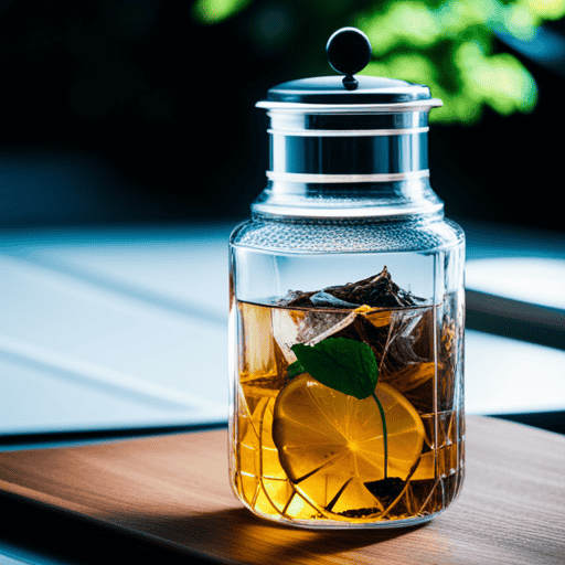 An image showcasing a mason jar filled with vibrant loose tea leaves immersed in crystal-clear, ice-cold water