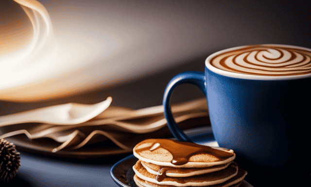 An image showcasing a freshly brewed cup of chicory root coffee, with rich caramel-colored liquid swirling in a ceramic mug, accompanied by a stack of homemade chicory fiber-infused pancakes drizzled with golden syrup