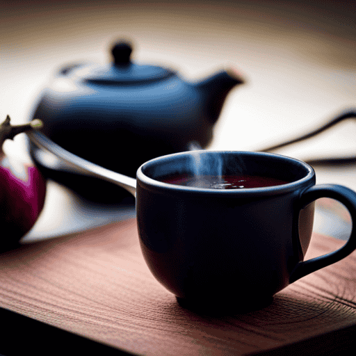 An image showcasing a serene setting with a teapot pouring steamy herbal concentrate tea into a delicate teacup, accompanied by a beautifully sliced eggplant on a wooden cutting board, inviting readers to explore the art of consuming this unique combination
