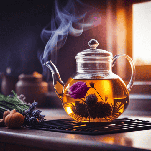 An image showcasing a serene kitchen scene: a glass teapot on a stove, gently simmering with vibrant dried flowers (rose, jasmine, chrysanthemum, lavender, and chamomile), infusing the air with delicate aromas