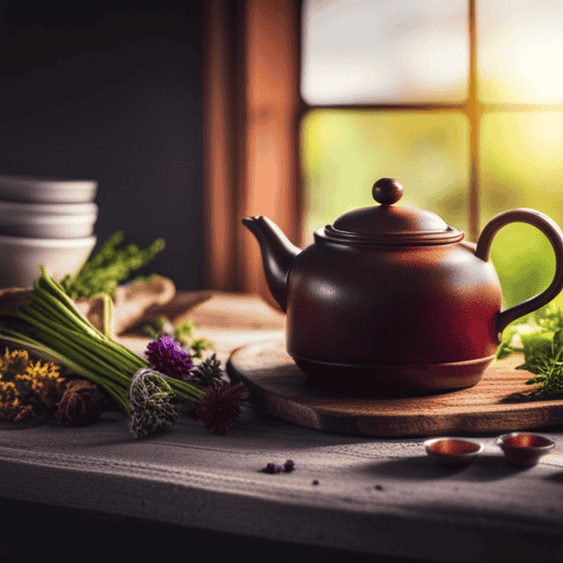 An image showcasing a serene kitchen scene with a teapot gently steaming aromatic herbal tea, surrounded by an assortment of fresh herbs, vibrant tea leaves, and delicate teacups on a rustic wooden table