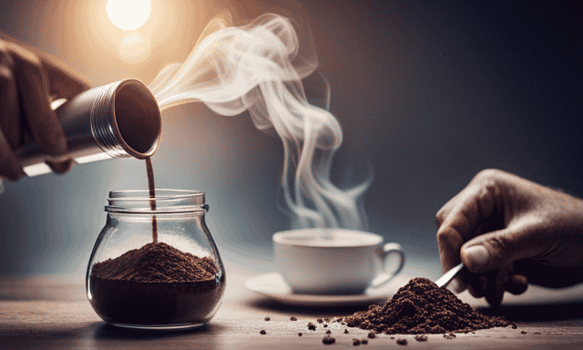 An image showcasing the step-by-step process of preparing chicory root powder: a hand pouring the powder into a glass jar, a whisk blending it into a creamy mixture, and a spoonful being added to a steaming cup of coffee