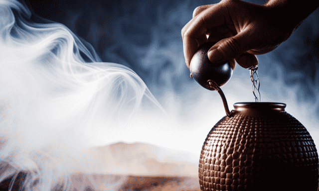 An image of a hand gently holding a Yerba Mate gourd with a warm, golden liquid pouring into it from a thermos