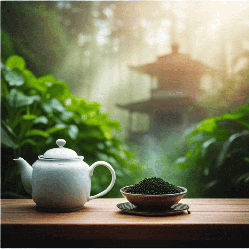 An image showcasing a serene scene with a cozy teahouse nestled amidst lush greenery