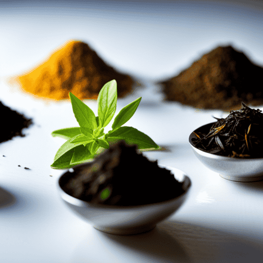 An image showcasing a variety of aromatic herbs like ginger, fresh green tea leaves, and black tea leaves