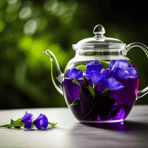An image that showcases the vibrant blue hue of butterfly pea flower tea, with delicate petals gently unfurling in a clear glass teapot, while steam rises gracefully, enticingly inviting viewers to savor a soothing sip