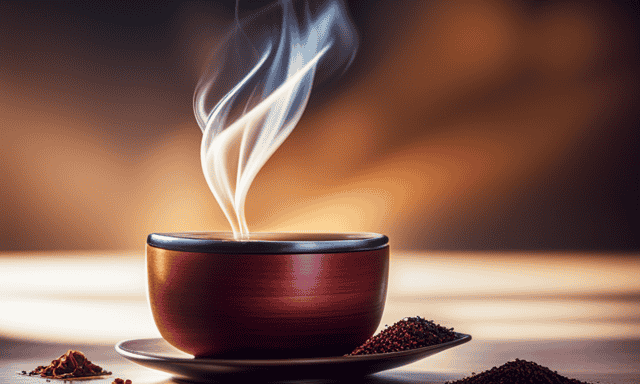 An image showcasing a steaming cup of chai rooibos tea, beautifully adorned with aromatic spices like cinnamon, ginger, and cardamom