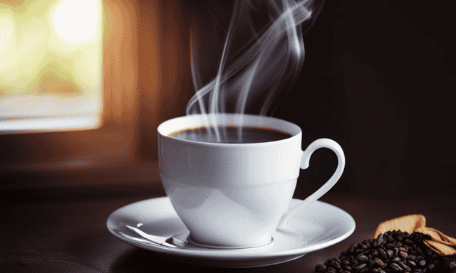 An image showcasing a steaming cup of rich, dark chicory root coffee, elegantly pouring into a delicate porcelain cup