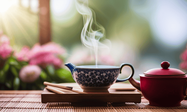 An image that showcases a serene tea ceremony scene: a delicate porcelain teapot pouring steaming, fragrant oolong tea into a dainty floral teacup, surrounded by fresh tea leaves and vibrant, sliced fruits on a bamboo tray