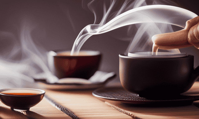 An image showcasing a serene Japanese tea ceremony: a traditional tea set on a bamboo mat, a delicate oolong tea infusing in a transparent glass teapot, steam gently rising, while a hand gracefully pours the amber-colored tea into a small cup