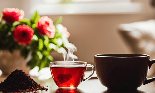 An image for a blog post on drinking rooibos tea during pregnancy: A serene, sunlit room furnished with a cozy armchair, adorned with a delicate teacup filled with steaming rooibos tea, alongside a bowl of fresh fruits and a floral arrangement