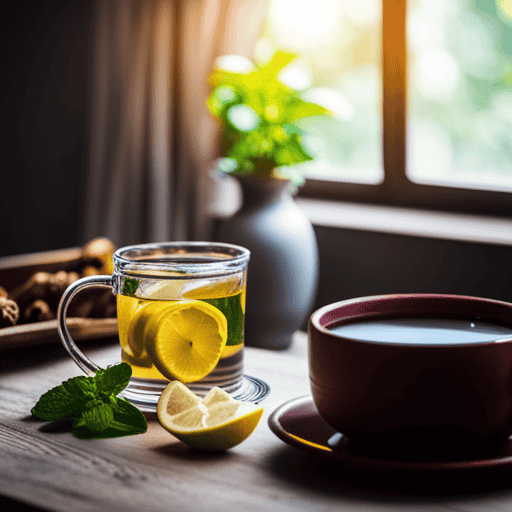 An image showcasing a serene setting with a cup of steaming Yogi Detox Tea placed on a wooden table, surrounded by fresh ingredients like lemons, ginger, and mint leaves, evoking a calming and revitalizing atmosphere