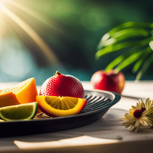 An image that showcases a variety of vibrant fruits, carefully sliced and neatly arranged on a mesh drying tray, basking under the warm sun rays amidst a serene garden setting