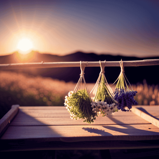 An image that showcases a rustic wooden drying rack adorned with vibrant bundles of freshly harvested chamomile, lavender, and mint leaves