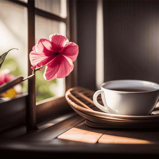 An image showing vibrant hibiscus flowers carefully laid out on a clean wooden drying rack, basking in the warm sunlight streaming through a nearby window, while delicate tea cups await their infusion