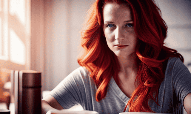An image showcasing a vibrant, red-haired individual sitting in a cozy, sunlit room, surrounded by steaming cups of brewed rooibos tea, while expertly applying the tea-infused dye to their hair