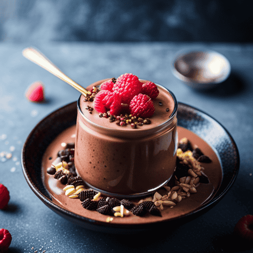 An image showcasing a smooth, velvety dark chocolate smoothie bowl topped with vibrant raspberries, crunchy cacao nibs, and a drizzle of honey, inviting readers to discover the art of enjoying raw cacao powder