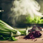 An image featuring a serene, green-toned kitchen with a chicory root on a chopping board, surrounded by fresh herbs and spices
