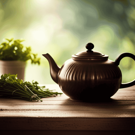 An image capturing a serene scene of a warm, sunlit kitchen, where a steaming teapot sits atop a rustic wooden table adorned with freshly picked herbs, waiting to be brewed into invigorating herbal tea