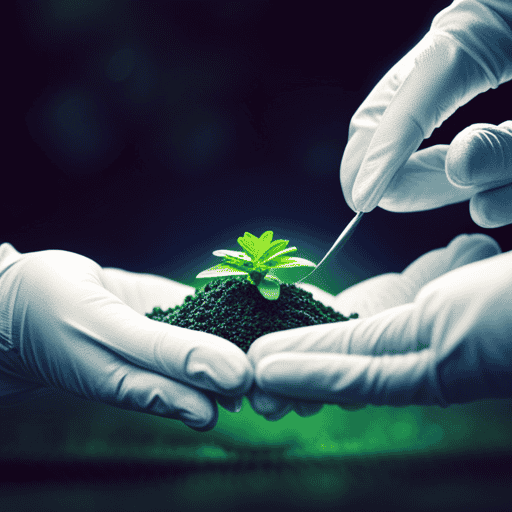 An image showcasing a pair of gloved hands delicately sprinkling a balanced granular fertilizer onto the lush green foliage of a vibrant Fukien Tea Flower