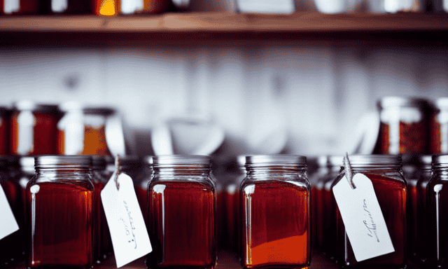 An image showcasing a rustic wooden shelf filled with glass jars of vibrantly-hued fermented Rooibos tea