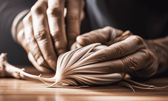 An image showcasing hands delicately peeling off the outer layers of a chicory root, revealing its vibrant white interior