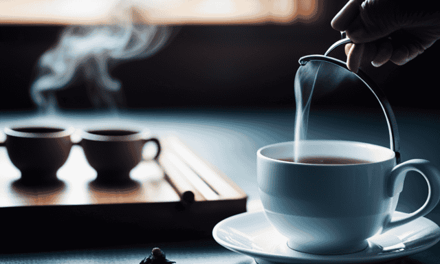 An image depicting a serene, minimalist tea room with a steaming kettle, delicate porcelain tea set, and a skilled hand gently unrolling an oolong tea leaf, showcasing the process of fixing oolong tea
