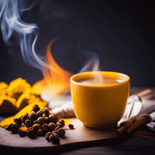 An image showcasing a steaming cup of vibrant yellow turmeric tea, gently swirling with healing spices like ginger, cinnamon, and black pepper, surrounded by fresh turmeric roots and a burst of colorful anti-inflammatory herbs