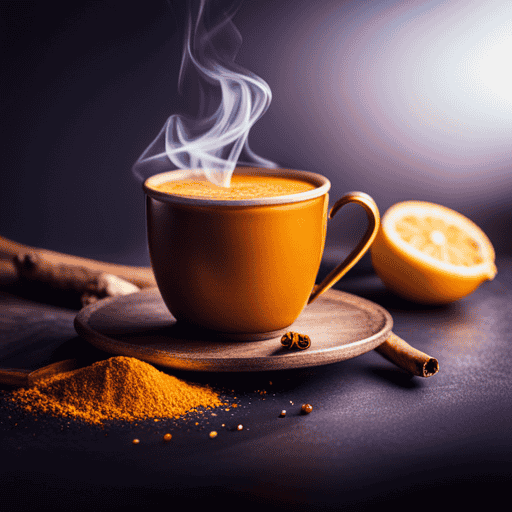 A vibrant image showcasing a steaming cup of turmeric tea, beautifully presented with fresh slices of lemon and a sprinkle of cinnamon, highlighting its natural skin-enhancing properties