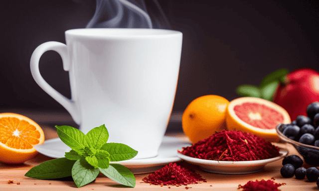 An image showcasing a vibrant assortment of fresh fruits and herbs, elegantly arranged around a steaming cup of rooibos tea