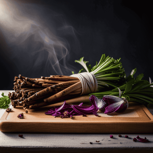 An image showcasing a stylish wooden cutting board adorned with a colorful array of roasted chicory roots, surrounded by fresh green herbs and a mortar and pestle, evoking an enticing culinary experience