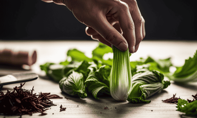 An image showcasing the intricate process of extracting chicory root fiber: hands plucking fresh chicory leaves, roots being washed, peeled, sliced, boiled, and finally transformed into fine fibers ready for consumption