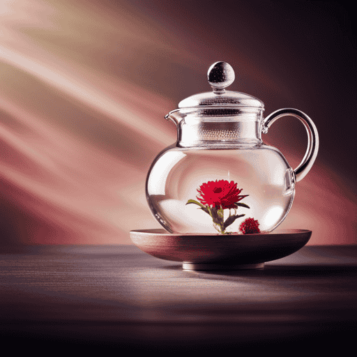 An image capturing a transparent glass teapot, filled with boiling water, delicately pouring over a blooming flower tea bud