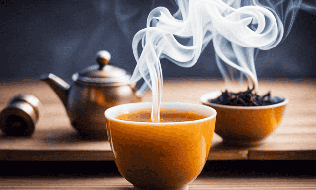 An image capturing an elegant porcelain tea set on a wooden table, with steam rising from a vibrant amber cup of oolong tea
