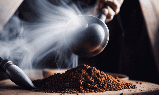An image showcasing the process of grinding chicory root: a mortar and pestle method, with a hand rhythmically crushing the dried root into a fine powder, releasing its rich aroma and earthy color
