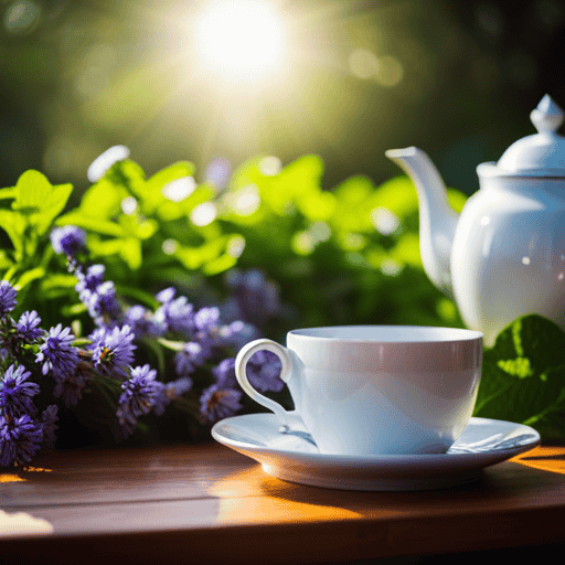 An image that showcases a vibrant and lush herbal tea garden, brimming with aromatic chamomile, soothing lavender, refreshing mint, and delicate lemon balm