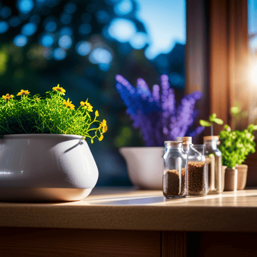 an image of a sun-drenched kitchen windowsill adorned with an array of vibrant potted herbs, including chamomile, lavender, and mint