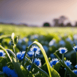 An image capturing the serene beauty of a dew-kissed chicory field at dawn, with skilled hands gently uprooting the vibrant blue flowers, exposing the earthy, gnarled chicory roots beneath the rich soil