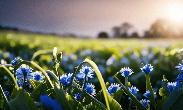 An image capturing the serene beauty of a dew-kissed chicory field at dawn, with skilled hands gently uprooting the vibrant blue flowers, exposing the earthy, gnarled chicory roots beneath the rich soil