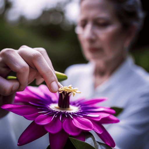 An image showcasing a serene garden scene with a pair of gentle hands delicately plucking vibrant purple passion flowers