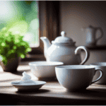 An image of a serene setting with a wooden table adorned with delicate porcelain teacups, a bouquet of fresh herbs, and a traditional teapot pouring steaming herbal tea into the cups, surrounded by soft natural light