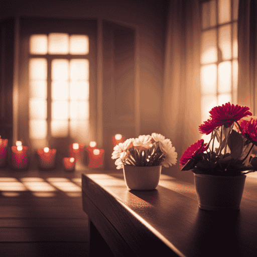 An image showcasing a cozy room adorned with flower pots filled with tea lights strategically placed around the space