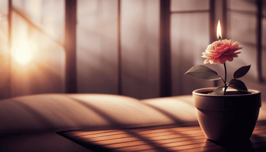 An image depicting a cozy room with a ceramic flower pot placed atop a tea candle