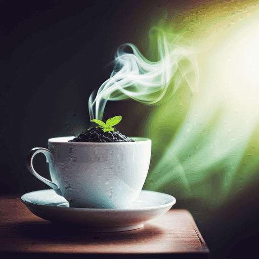 An image featuring a close-up view of a steaming teacup filled with fragrant, vibrant green tea leaves