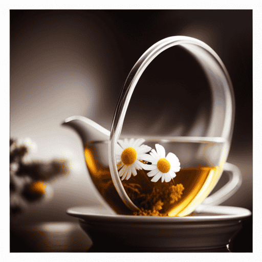 An image showcasing a close-up shot of a steaming teapot pouring warm chamomile tea into a glass bowl filled with dried herbs like chamomile flowers and lemon peel, ready for hair lightening