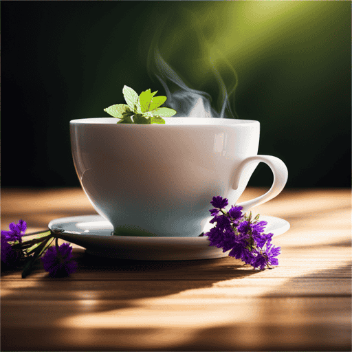 An image showcasing a serene, sunlit scene: A delicate porcelain teacup brimming with steaming herbal infusion, surrounded by vibrant, freshly harvested herbs, exuding an inviting aroma that lingers in the air